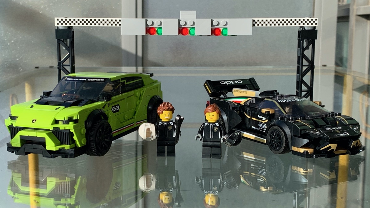 The LEGO Speed Champions Lamborghini Urus ST-X and Huracan Super Trofeo Evo double pack, complete with two mini-figures and a start light gantry. It's great to see Lamborghini back in LEGO form, and especially in 2020's new 8-wide format.