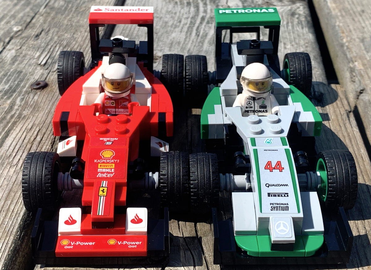 Comparisons between the 20xx SF16-H in this set and one of the 2016 W07 Hybrid from the Mercedes-AMG F1 set 75883. The nose of the SF16-H is more interesting and shows the evolution of LEGO's F1 car sets.